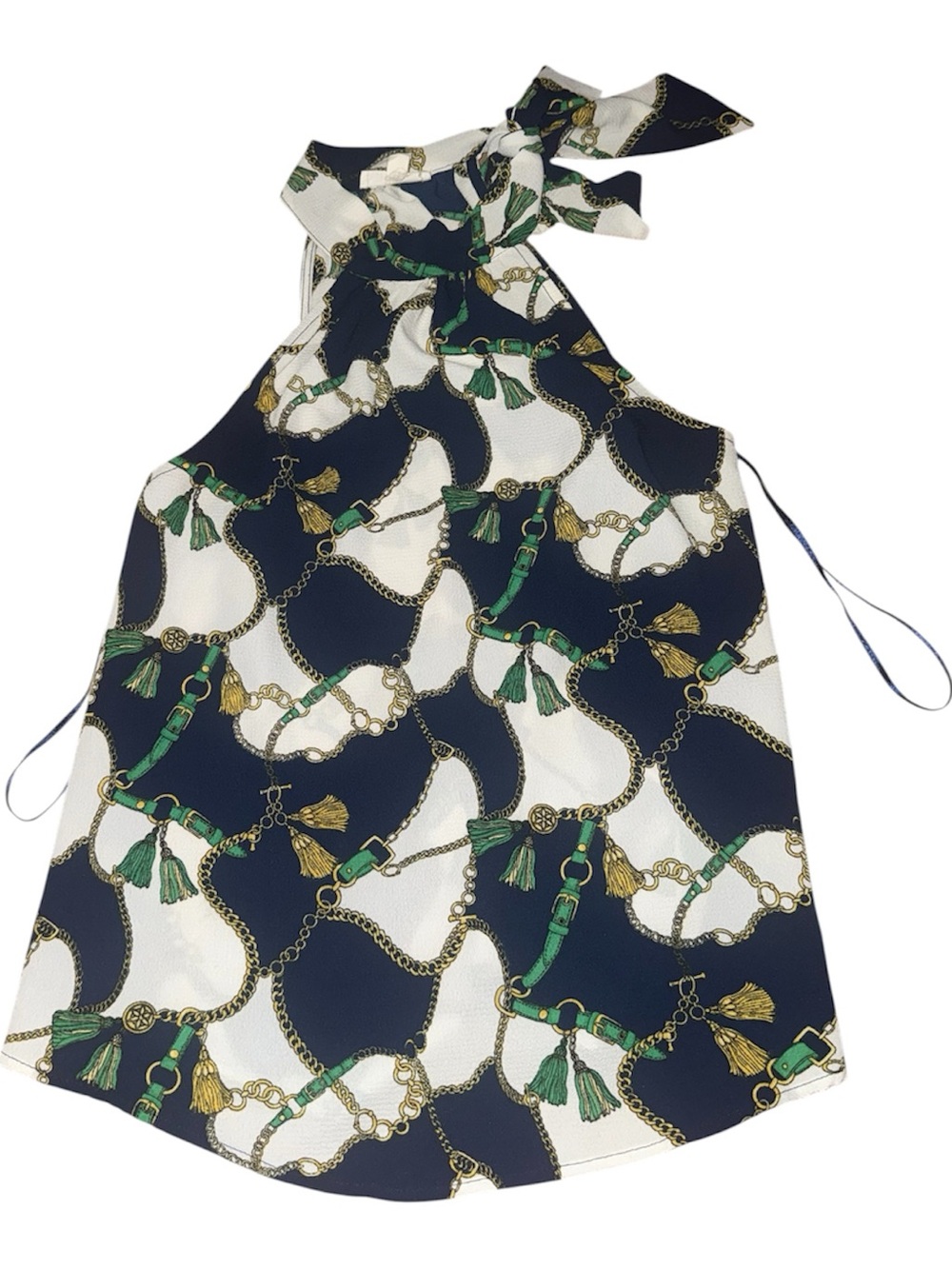 mine Navy, White & Green Halter Neck Blouse with Gold Chain Print